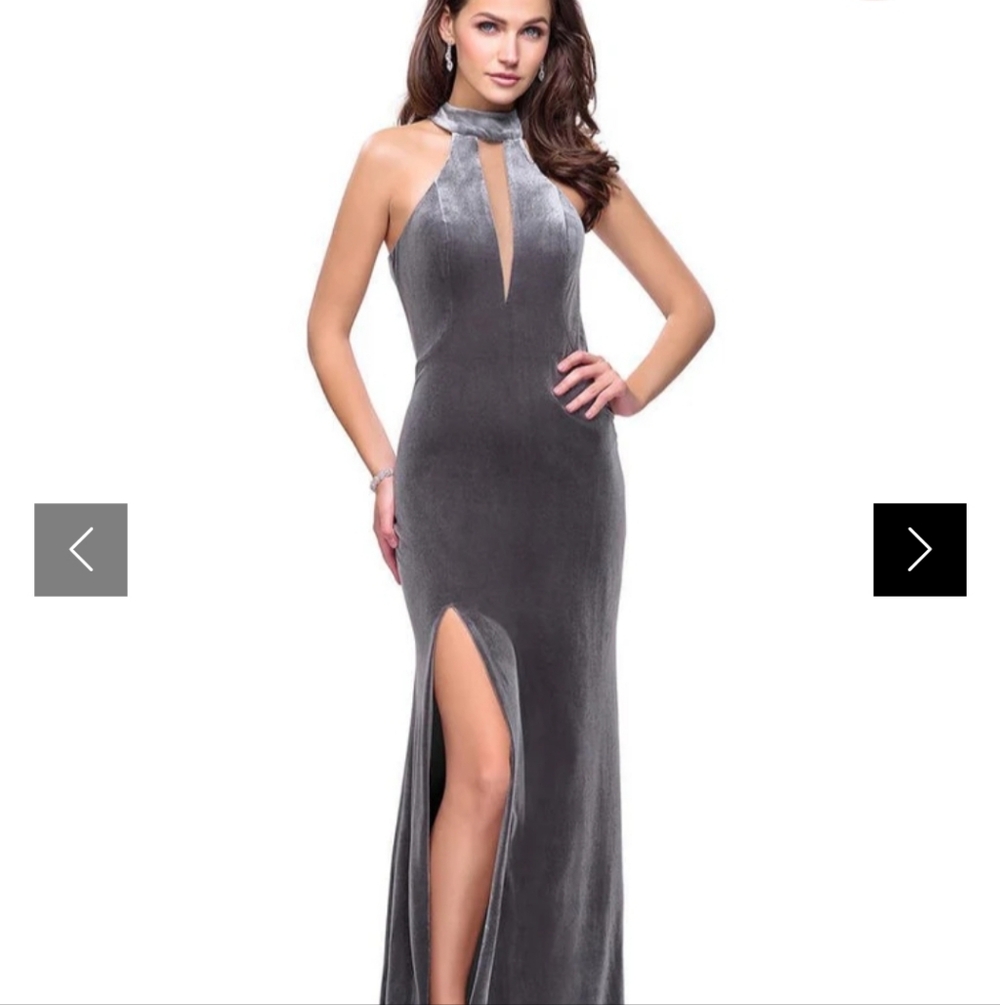 Size 2 & 8 gunmetal/grey collar velvet long evening gowns w/ slit LaFemme NWT